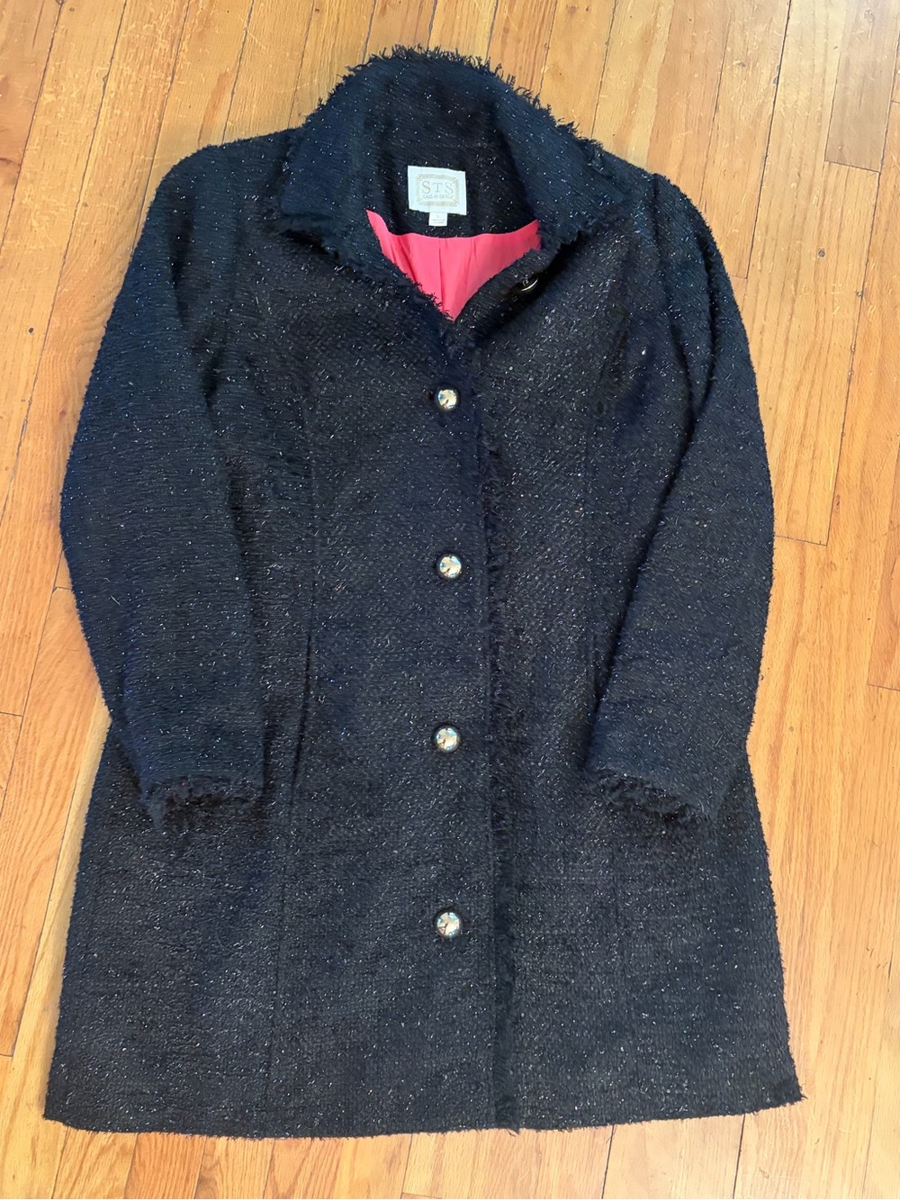 Sail to Sable Black Sparkle Fringe Button Front Boucle Coat size L